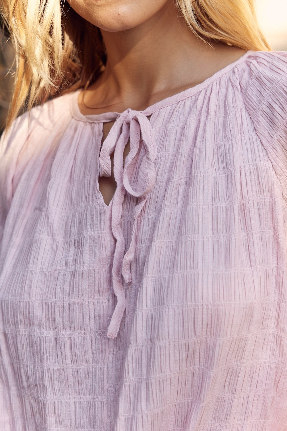 In February Textured Tie Neck Blouse Blouse Trendsi   