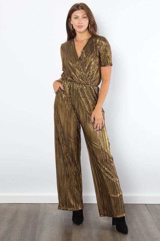 Be Stage Surplice Short Sleeve Pleated Foil Jumpsuit - NeoKira Unlimited