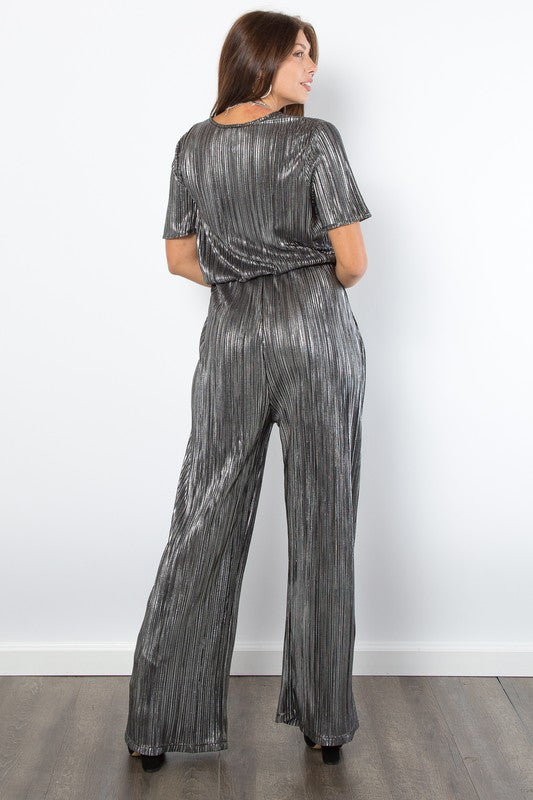 Be Stage Surplice Short Sleeve Pleated Foil Jumpsuit - NeoKira Unlimited