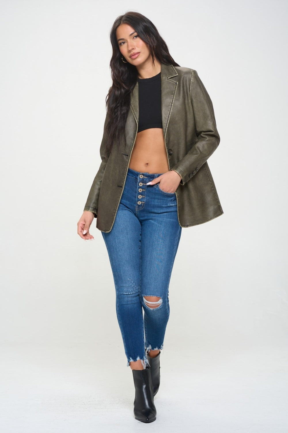 Coalition LA Single-Breasted Vegan Leather Blazer Blazer Trendsi   