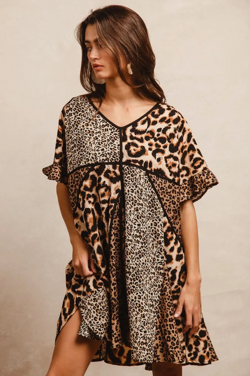 BiBi Leopard Print Mini Dress – V-Neck Flutter Sleeve Belted Fit - NeoKira Unlimited