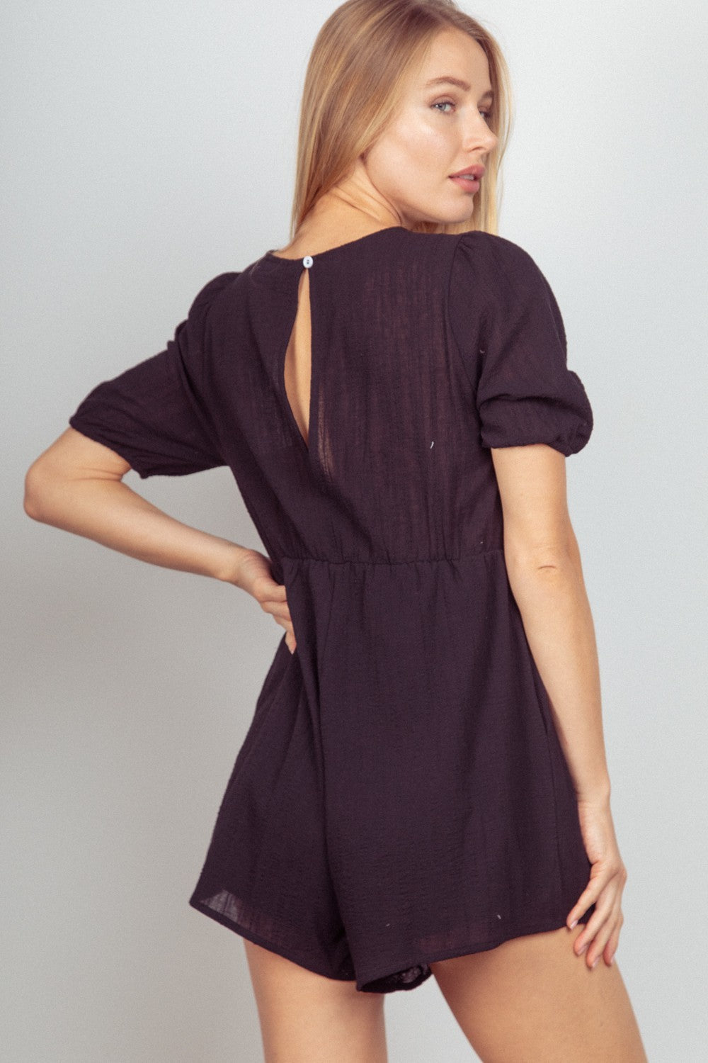 VERY J Lace Detail Puff Sleeve Romper with Pockets - NeoKira Unlimited