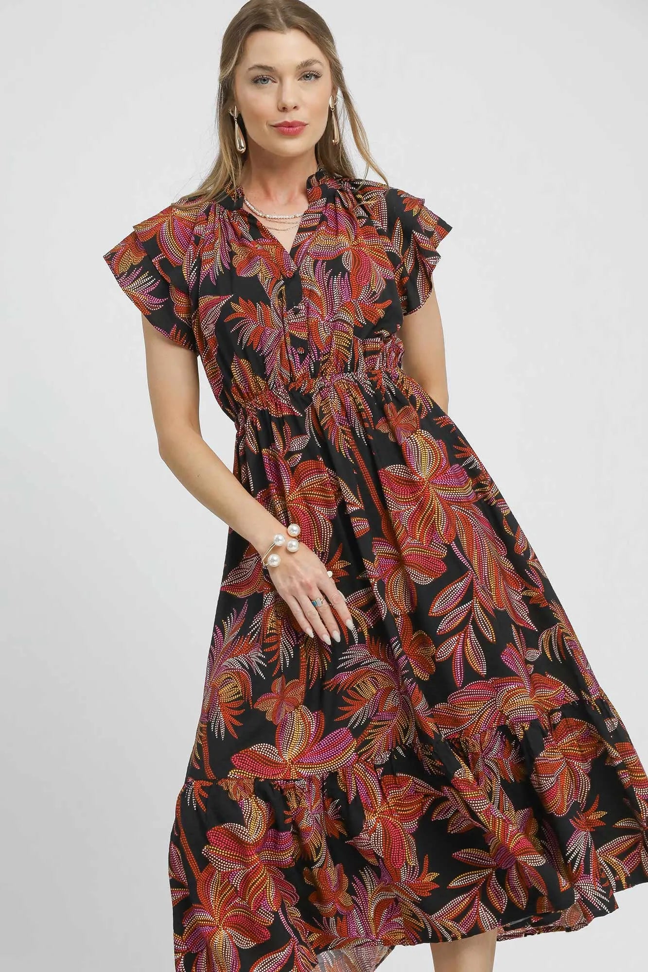Umgee Boho Tropics Leaf Print Ruffle Sleeve Midi Dress - NeoKira Unlimited