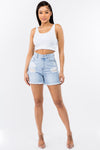 American Bazi High Waist Distressed Raw Hem Denim Shorts Denim Shorts Trendsi   