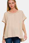 Zenana Waffle Exposed-Seam Short Sleeve T-Shirt T-Shirt Trendsi Beige S/M 