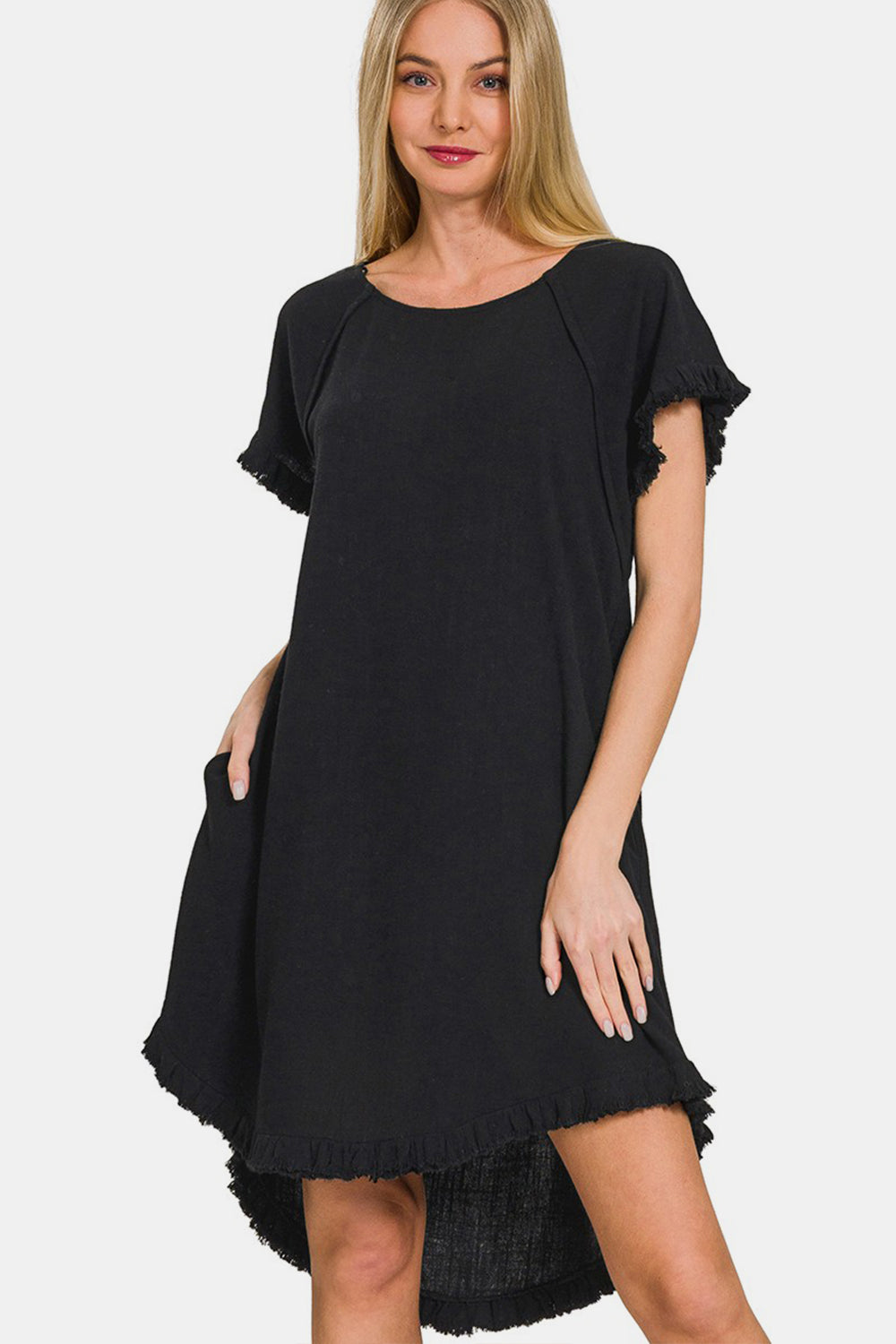 Zenana Fringe Edge High Low Flowy Dress with Pockets High-Low Hem Dress Trendsi Black S 