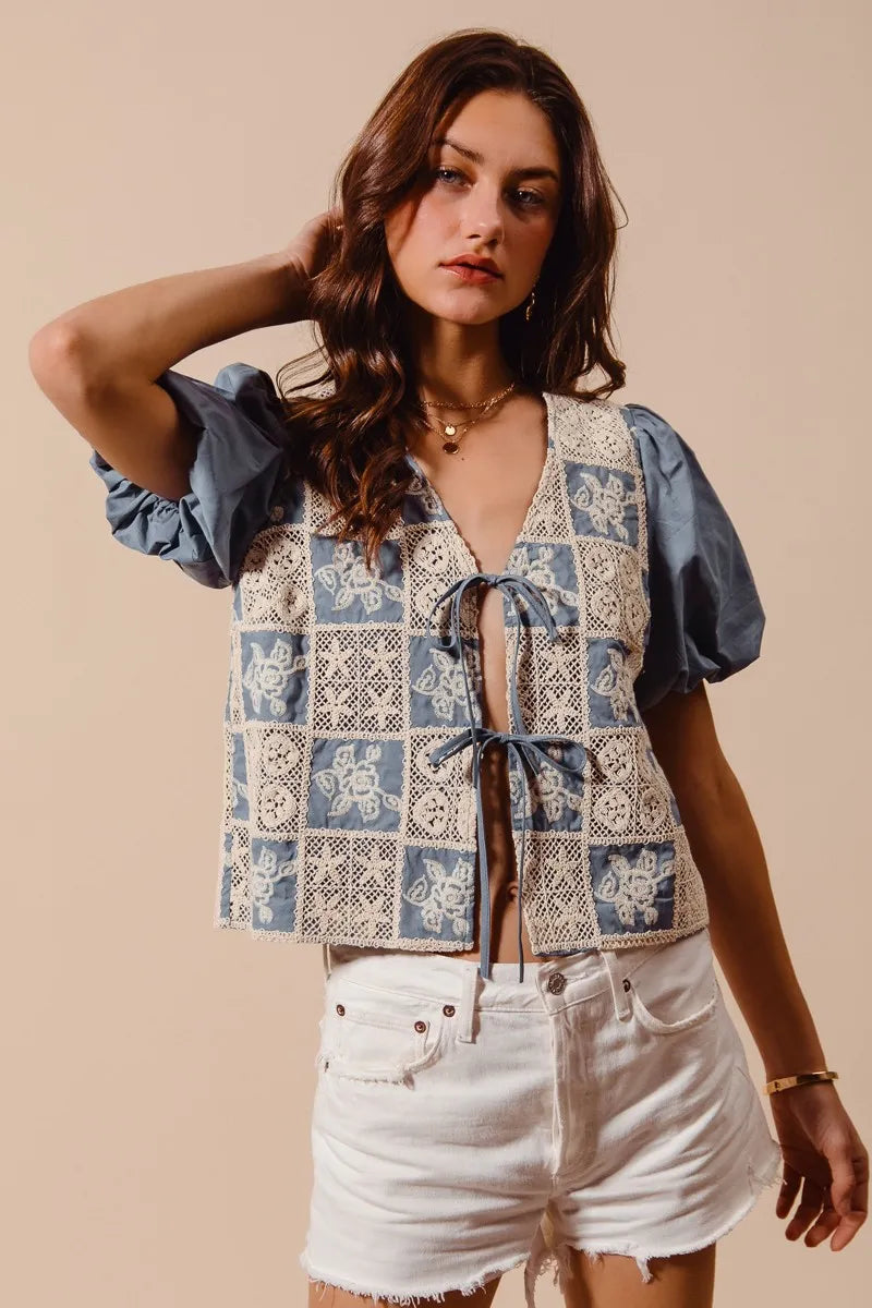 SO ME Boho Patchwork Tie Front Puff Sleeve V Neck Cropped Blouse - NeoKira Unlimited