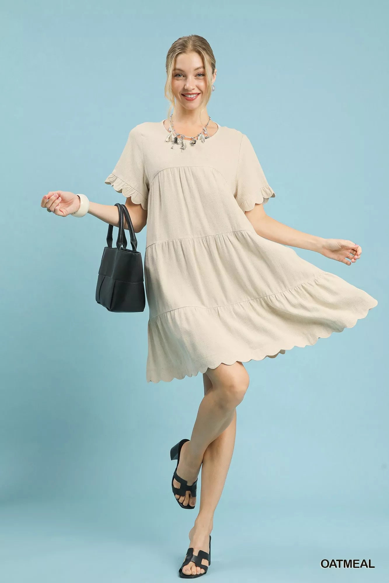 Umgee Linen Tiered Babydoll Dress with Ruffle Sleeves Boho Chic - NeoKira Unlimited
