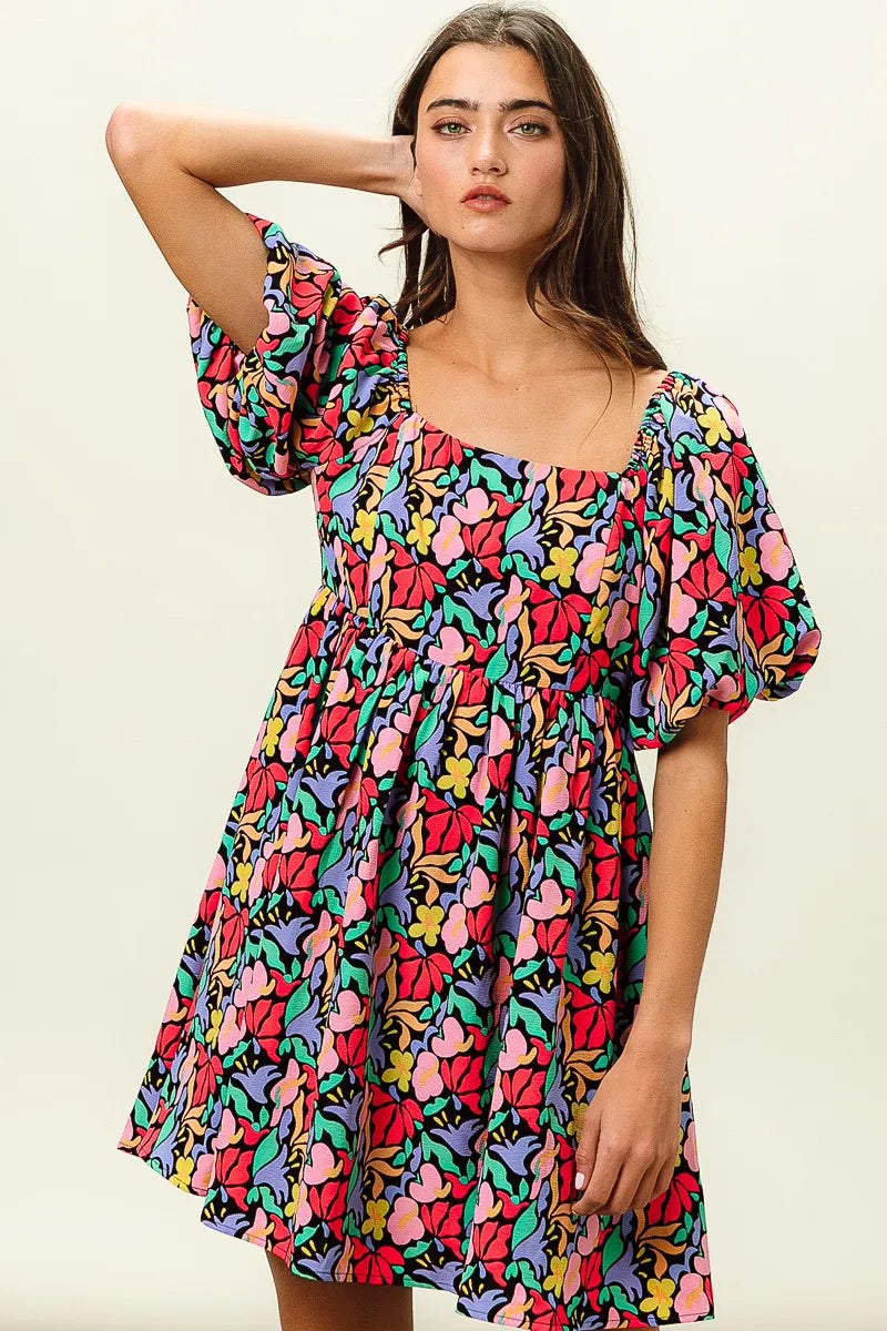 BiBi Tropical Boho Floral Print Puff Sleeve Square Neck Dress - NeoKira Unlimited
