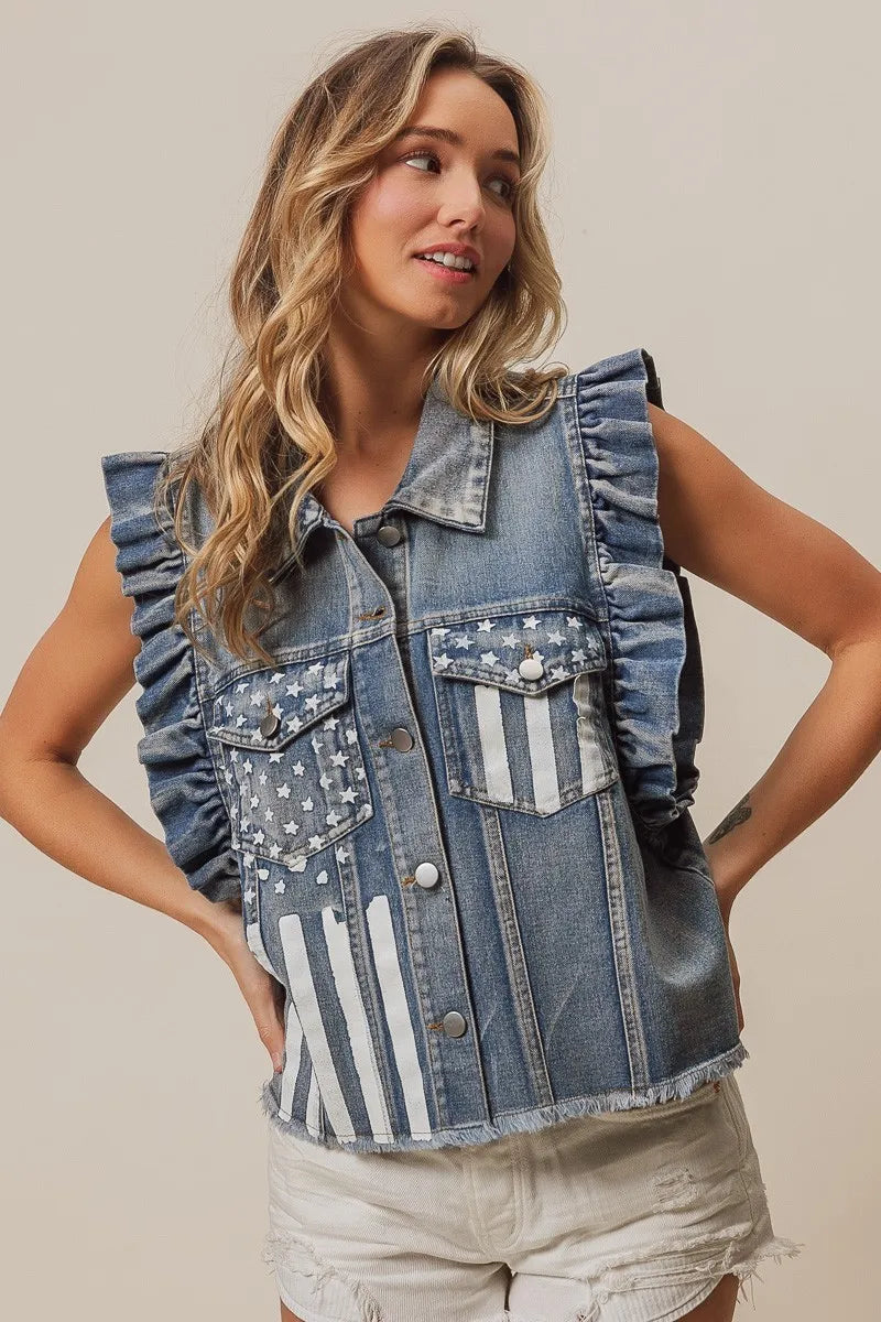 BiBi American Flag Washed Denim Jacket - NeoKira Unlimited
