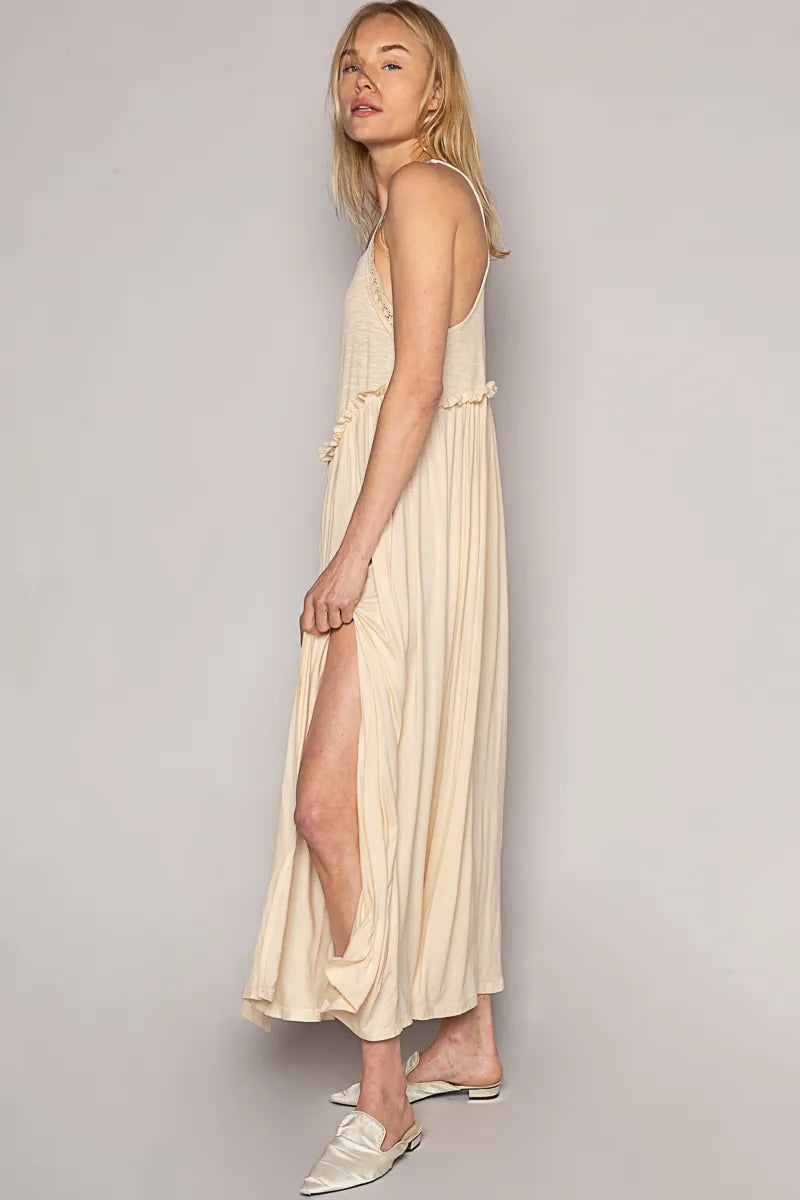 POL Boho Neutral Beige Side Slit Maxi Cami Dress with Adjustable Straps - NeoKira Unlimited