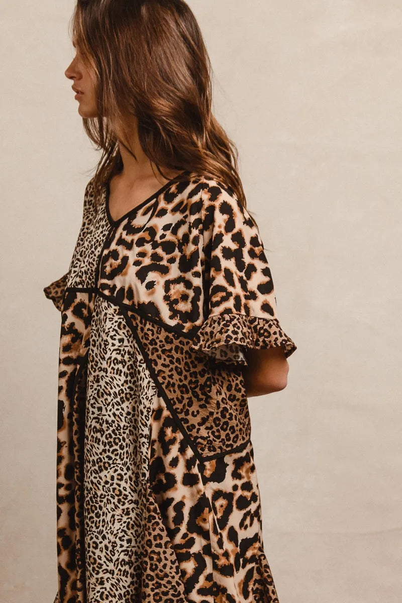 BiBi Leopard Print Mini Dress – V-Neck Flutter Sleeve Belted Fit - NeoKira Unlimited