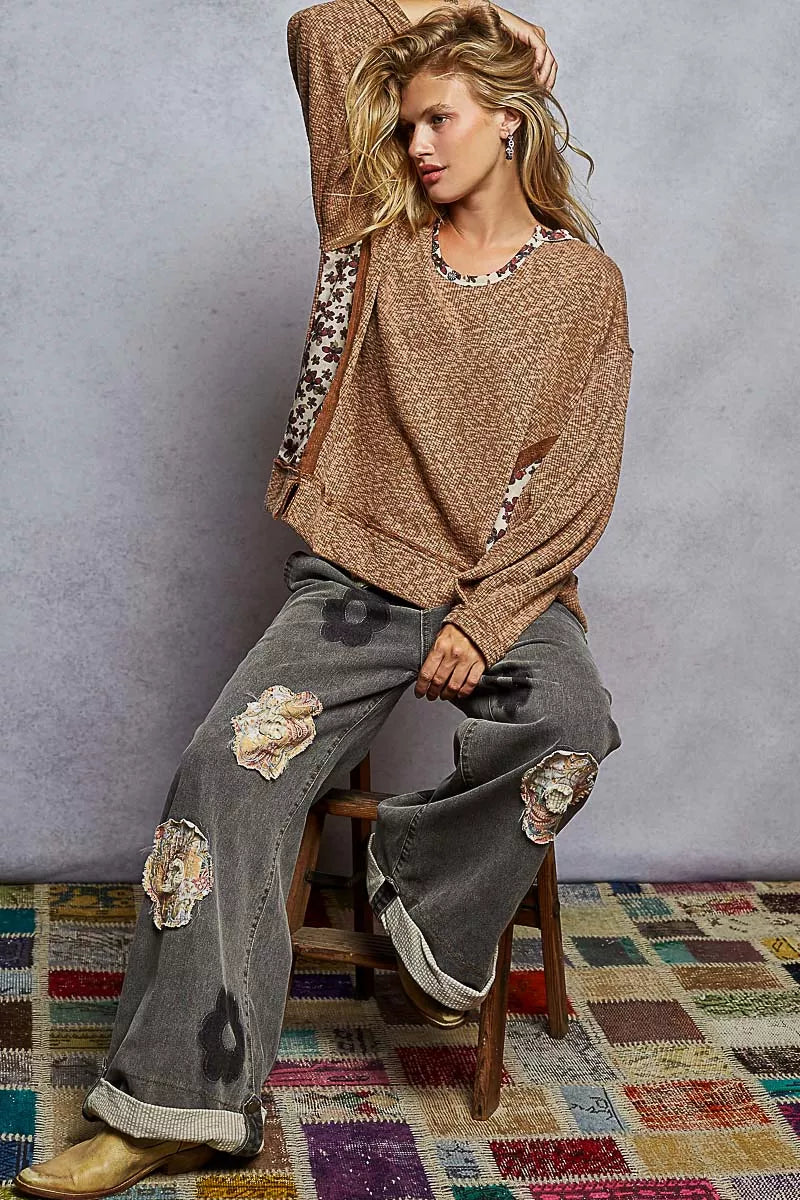 POL Balloon Sleeve Oversized Ribbed Top with Floral Pattern Contrast - NeoKira Unlimited