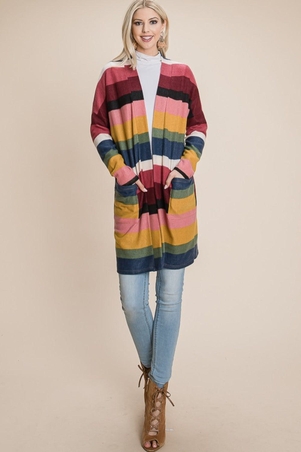 BOMBOM Color Block Striped Open Front Cardigan Cardigan Trendsi   