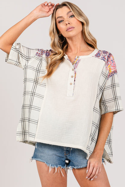 SAGE + FIG Plaid Half Button Gauze Top Top Trendsi   