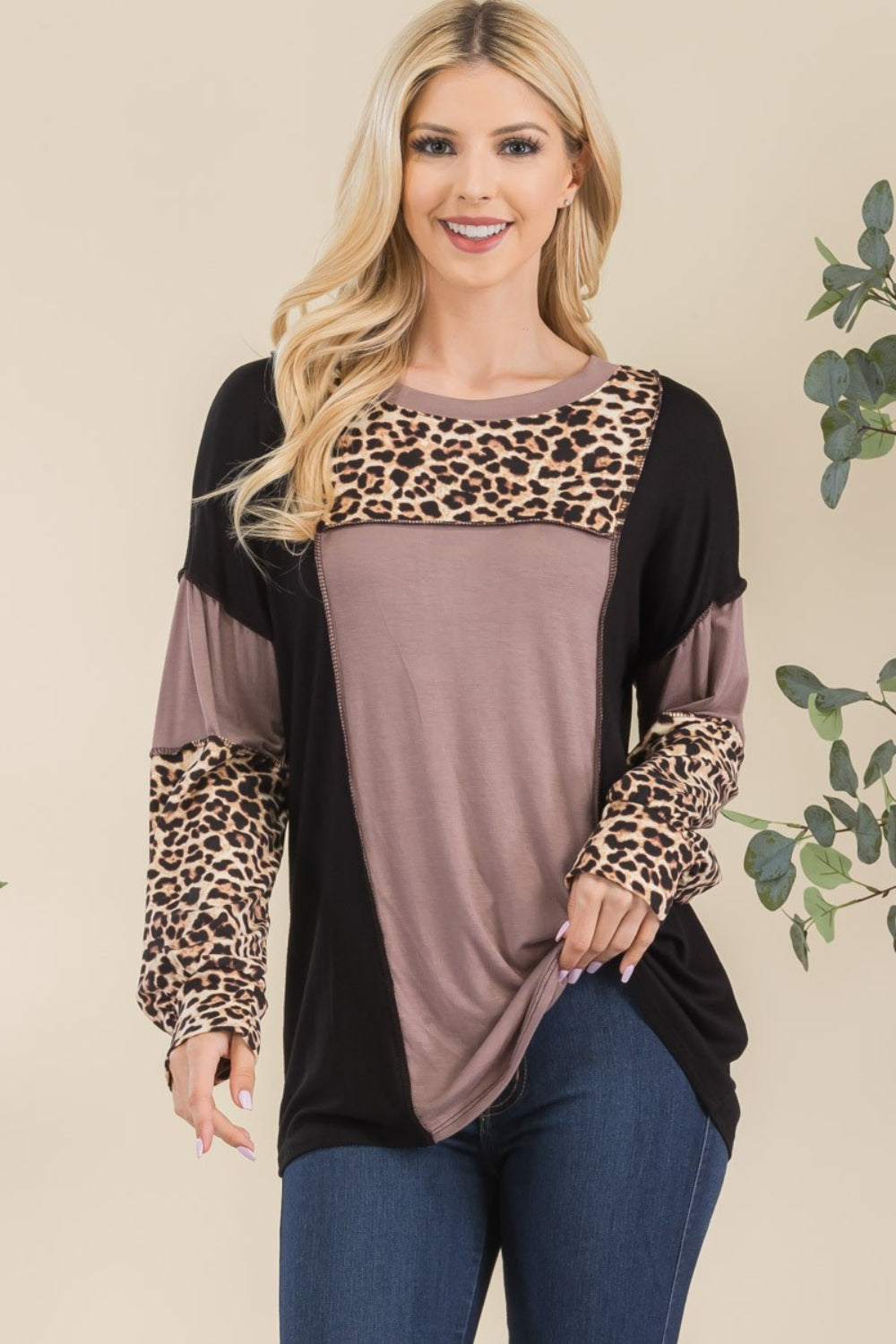 Celeste Full Size Leopard Color Block Exposed Seam T-Shirt T-Shirt Trendsi Mocha Leopard S 