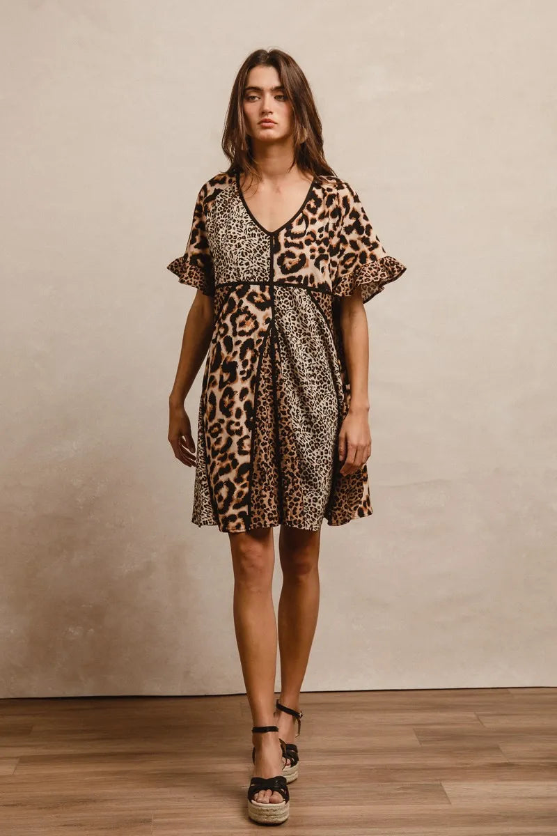 BiBi Leopard Print Mini Dress – V-Neck Flutter Sleeve Belted Fit - NeoKira Unlimited
