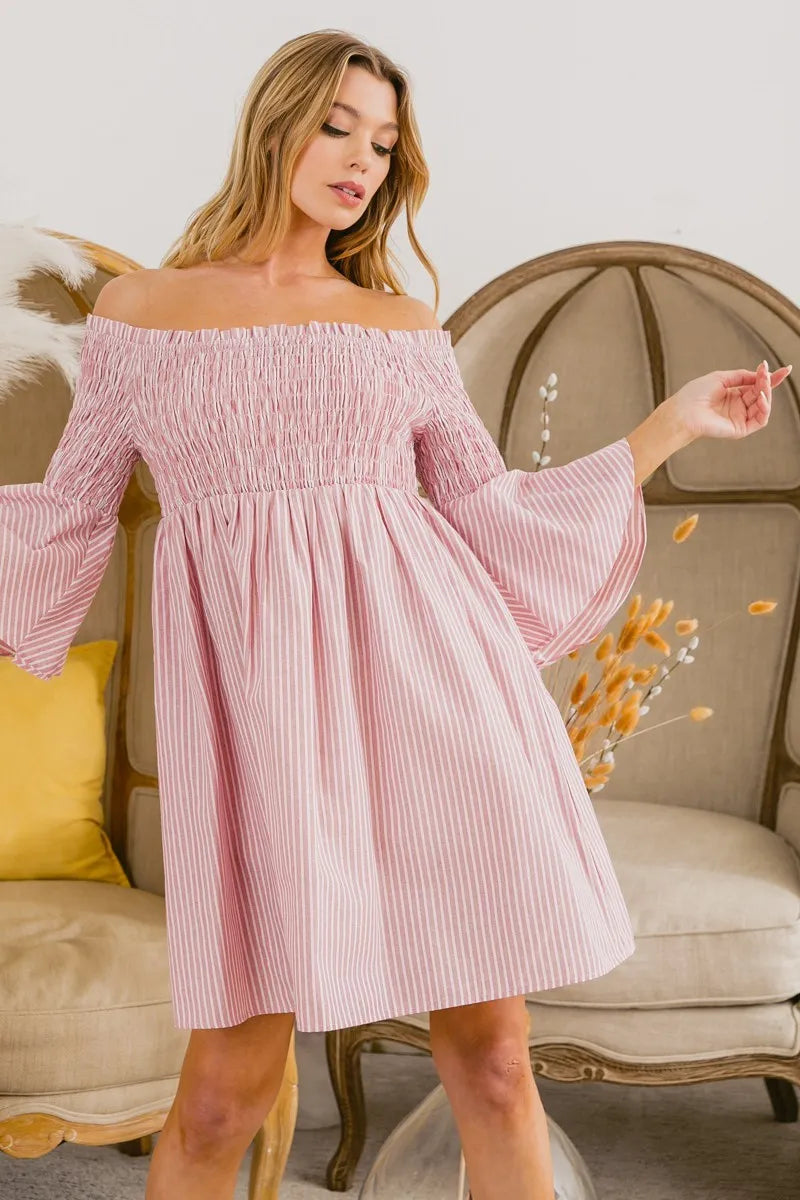 BiBi Smocked Off Shoulder Striped Dress - NeoKira Unlimited