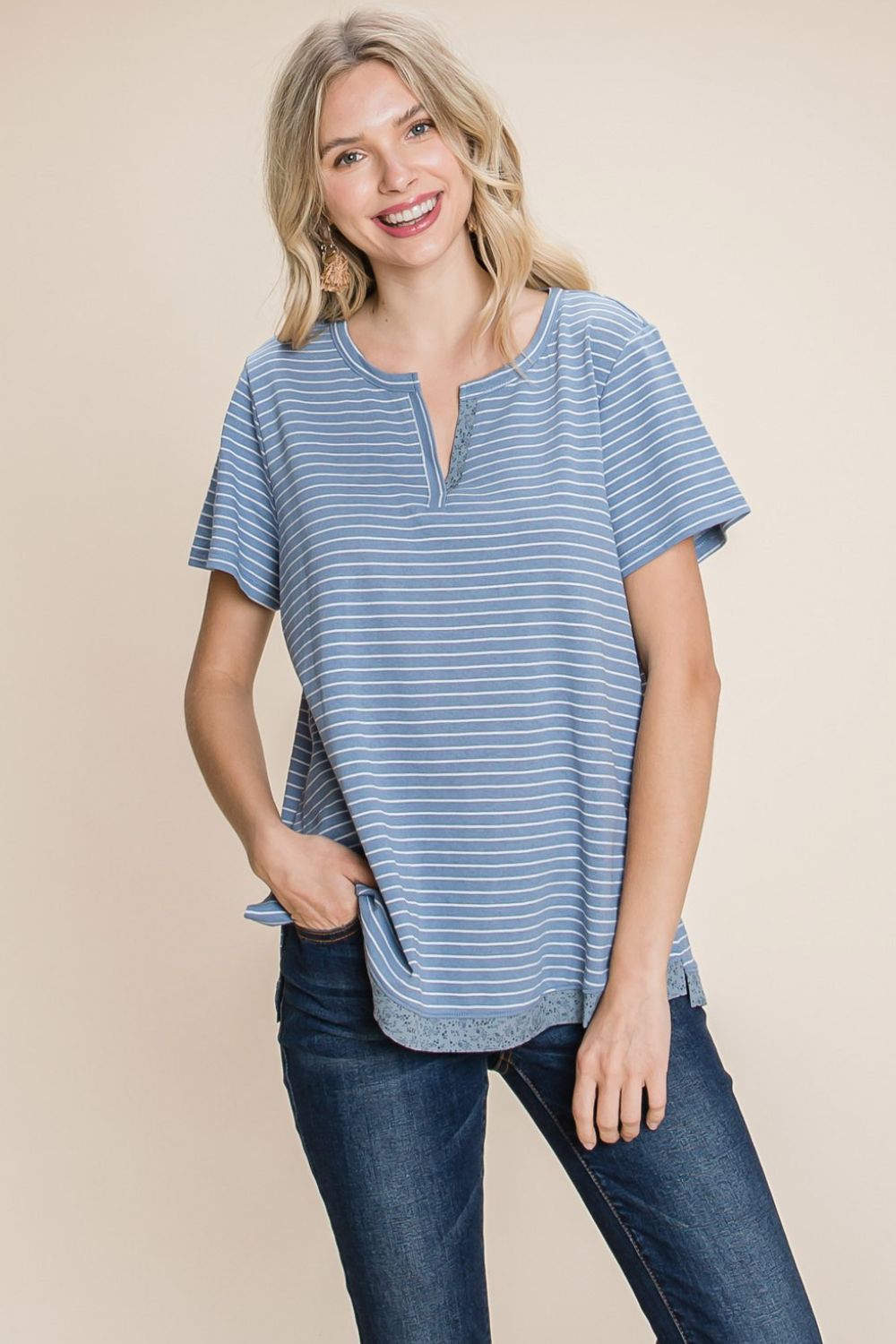 Cotton Bleu by Nu Lab Slit Striped Notched Short Sleeve T-Shirt T-Shirt Trendsi Denim S 