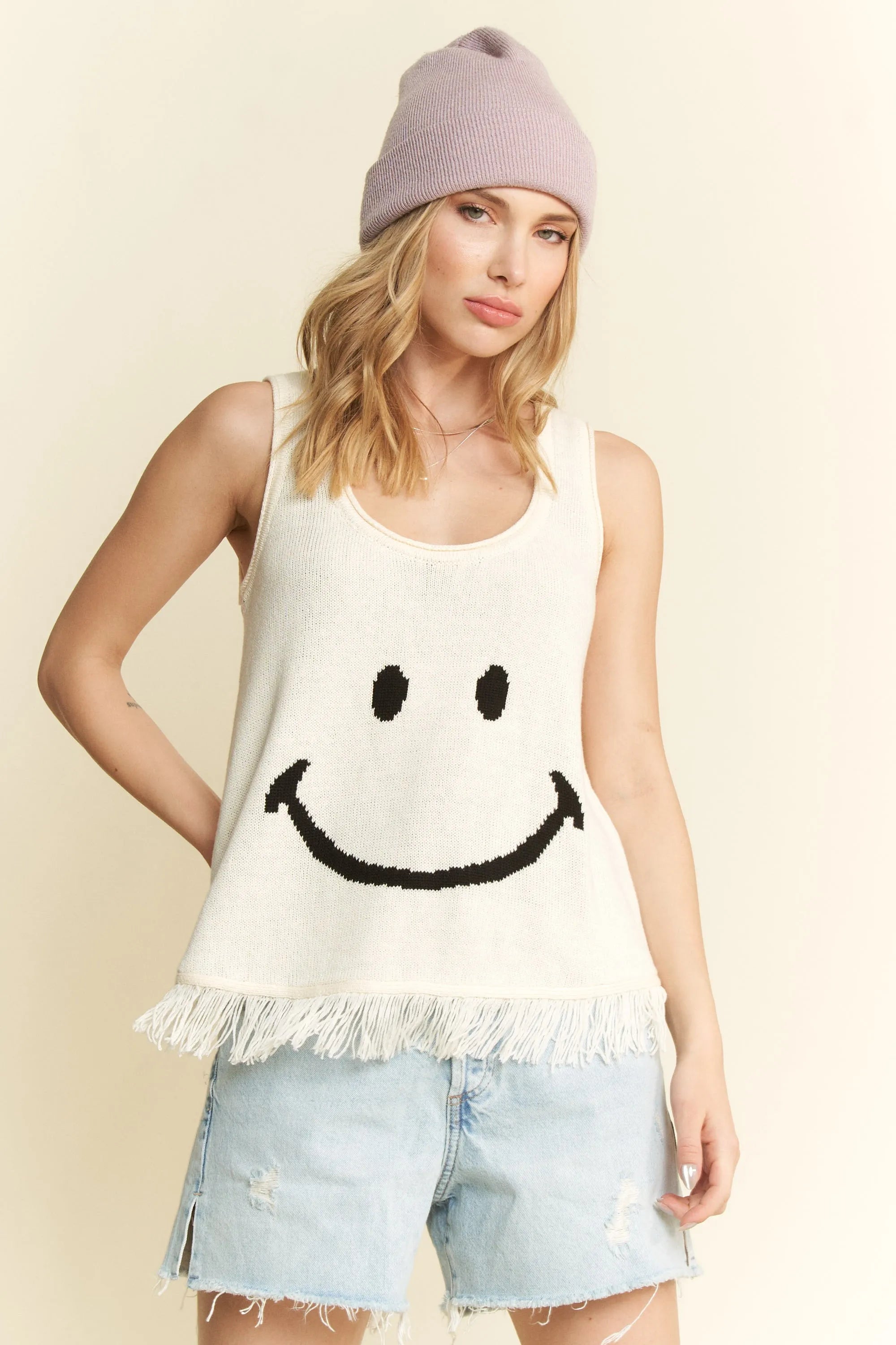 Jade By Jane Boho Smiley Fringe Knit Tank Top – Plus Size Playful Graphic Style - NeoKira Unlimited