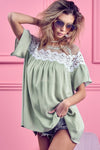 BiBi Lace Detail Short Sleeve Striped Blouse Blouse Trendsi Sage S 