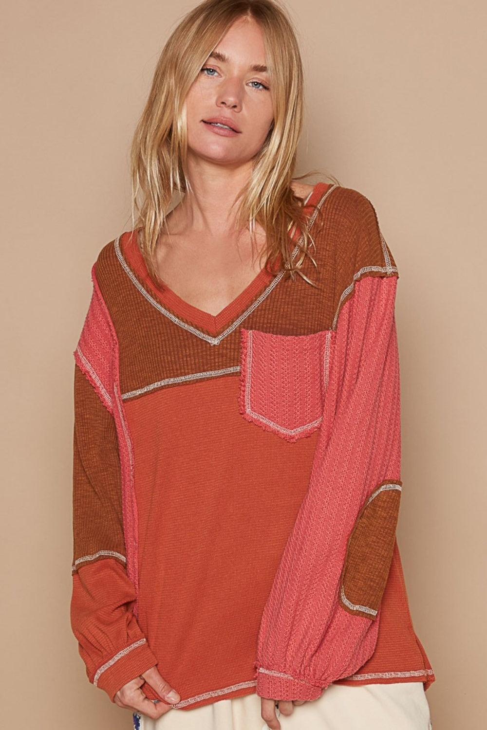 POL V-Neck Knit Panel Exposed Seam Top Top Trendsi Brick S 