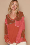 POL V-Neck Knit Panel Exposed Seam Top Top Trendsi Brick S 