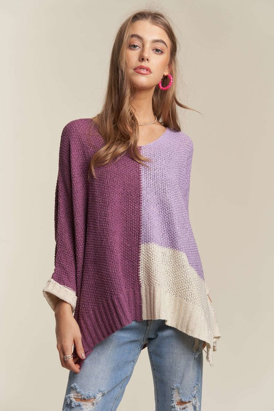 ADORA Side Slit Color Block Long Sleeve Sweater - NeoKira Unlimited