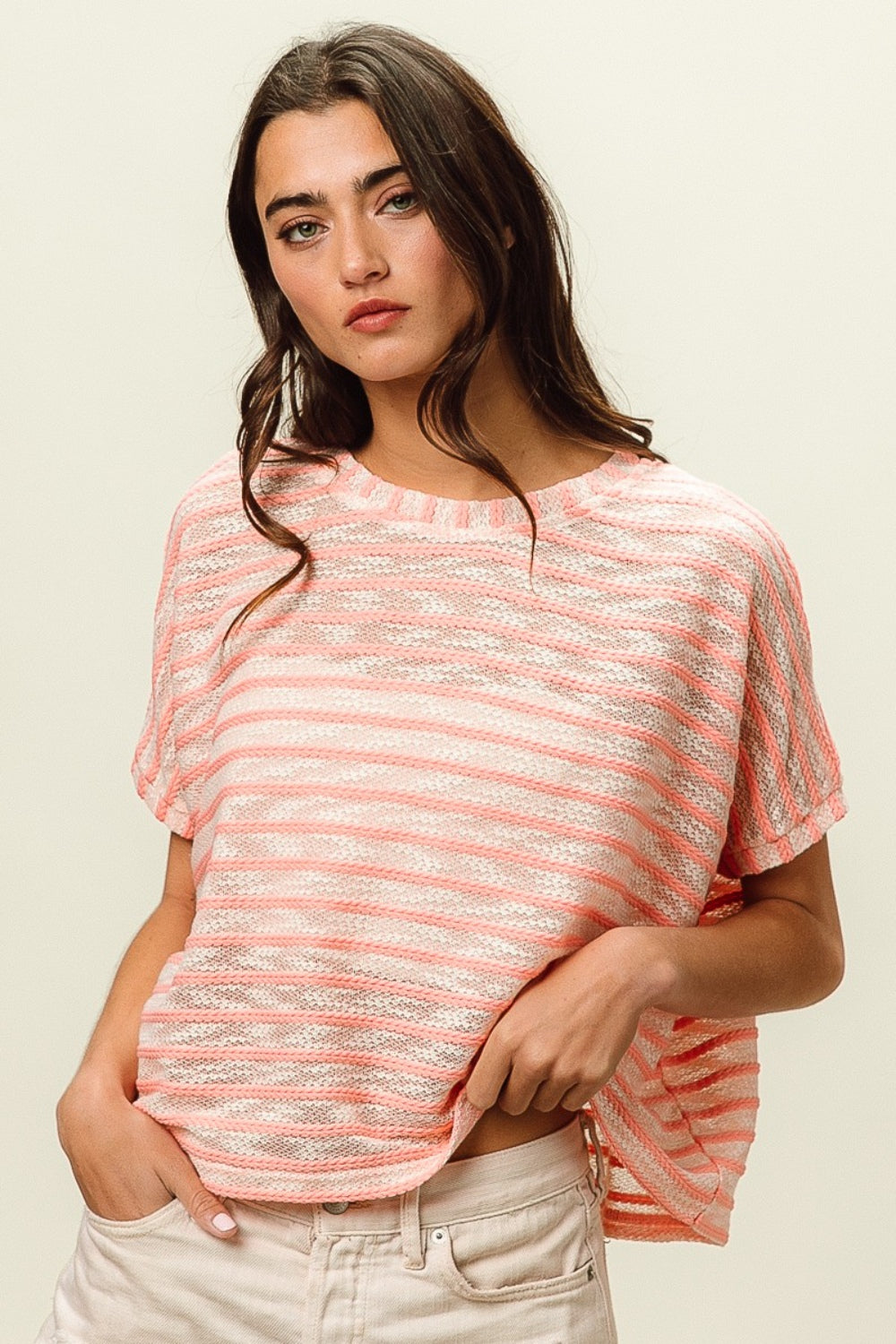 BiBi Braid Striped Short Sleeve Round Neck T-Shirt T-Shirt Trendsi   