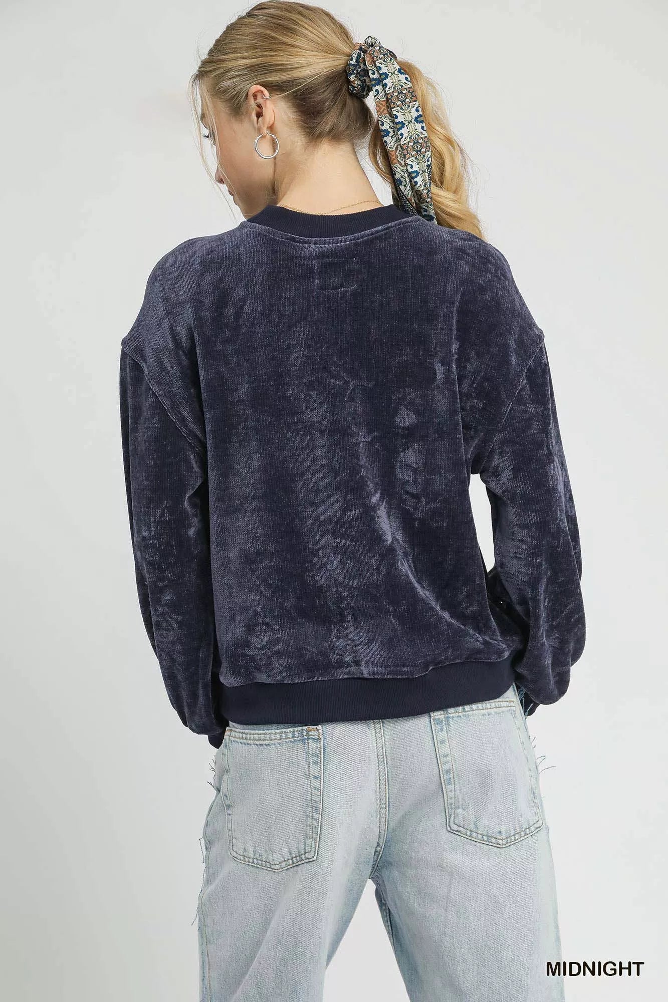 Umgee Cozy Luxe Velour Crewneck Balloon Sleeve Sweatshirt - NeoKira Unlimited