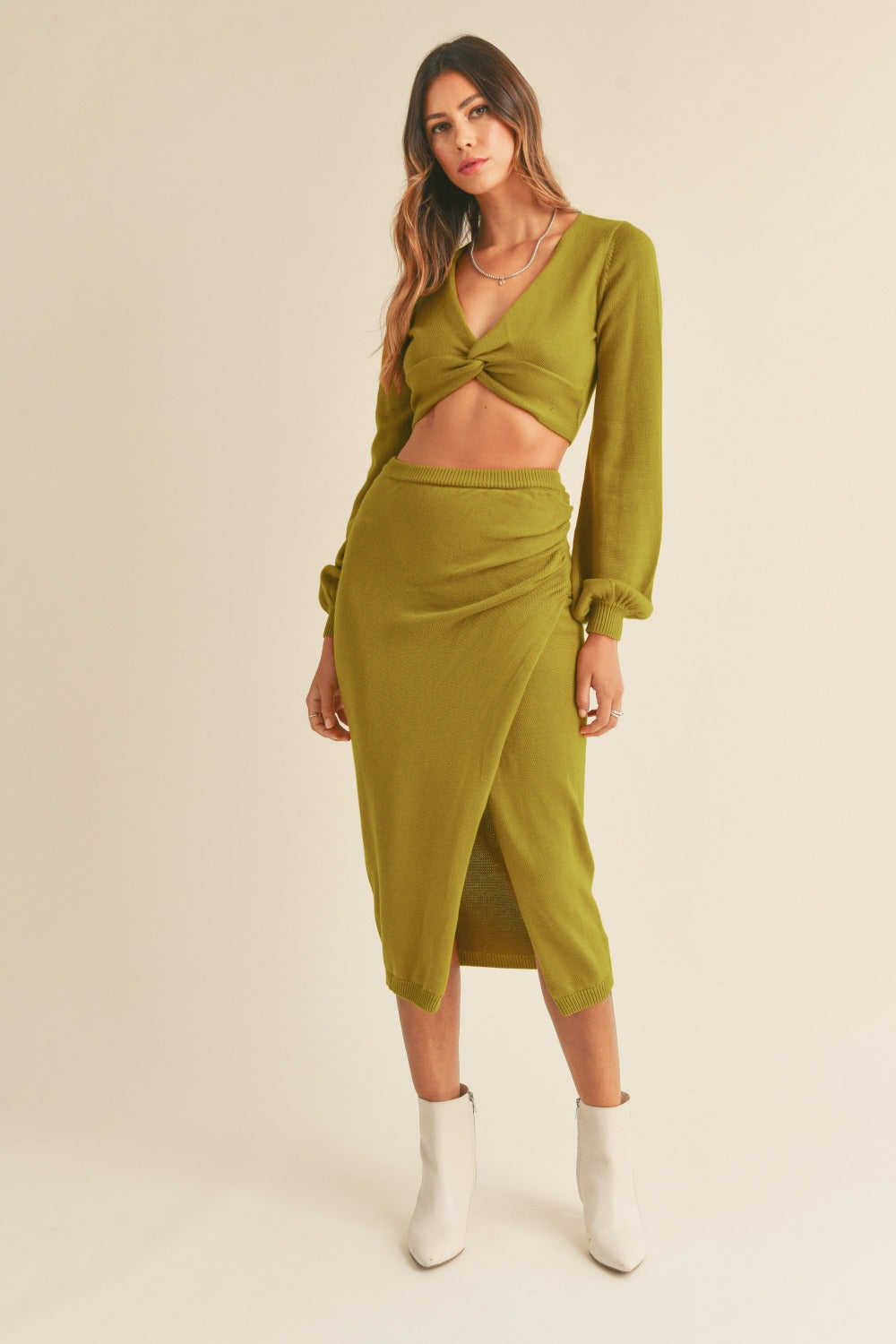 MABLE Front Twisted Knit Top and Midi Skirt Set - NeoKira Unlimited