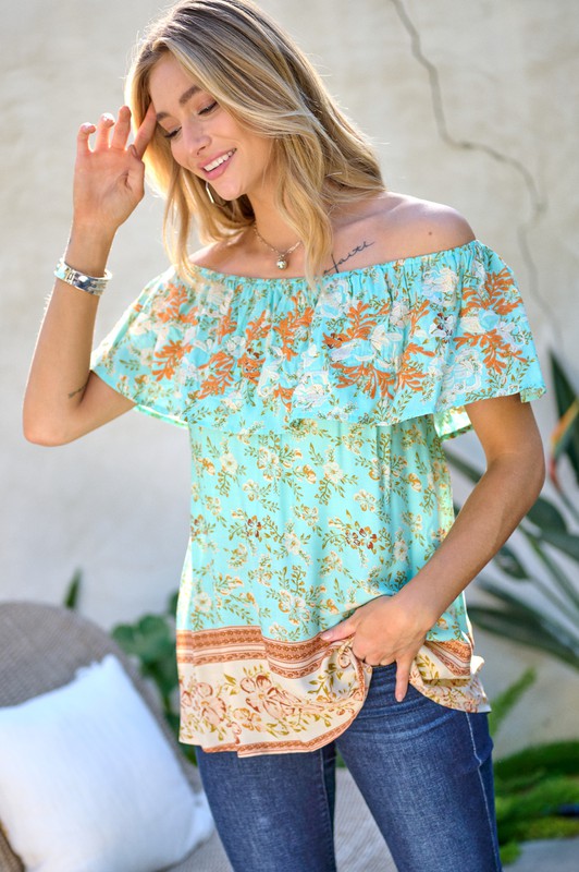 Printed Off Shoulder Smocked Top  Davi & Dani LIGHT  TEAL S 