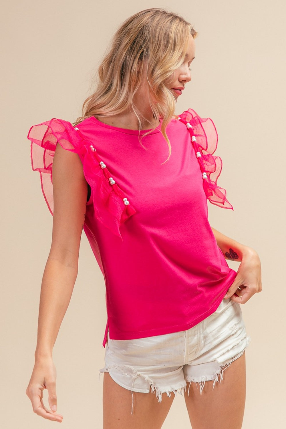 BiBi Pearl Decor Mesh Ruffle Sleeve Top - NeoKira Unlimited