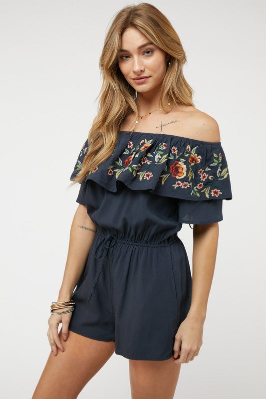 Floral Embroidered Off Shoulder Romper  Davi & Dani   