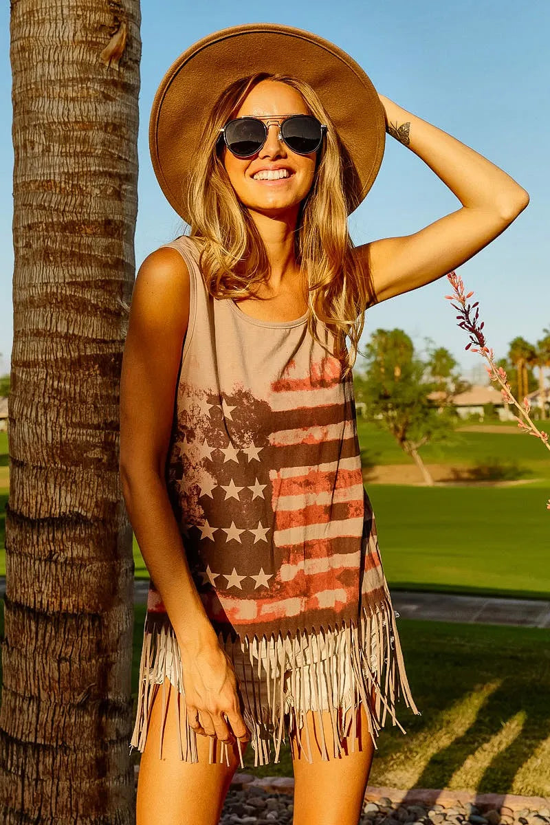 BiBi Distressed Flag Fringe Tank Top – Boho Americana Vibes - NeoKira Unlimited