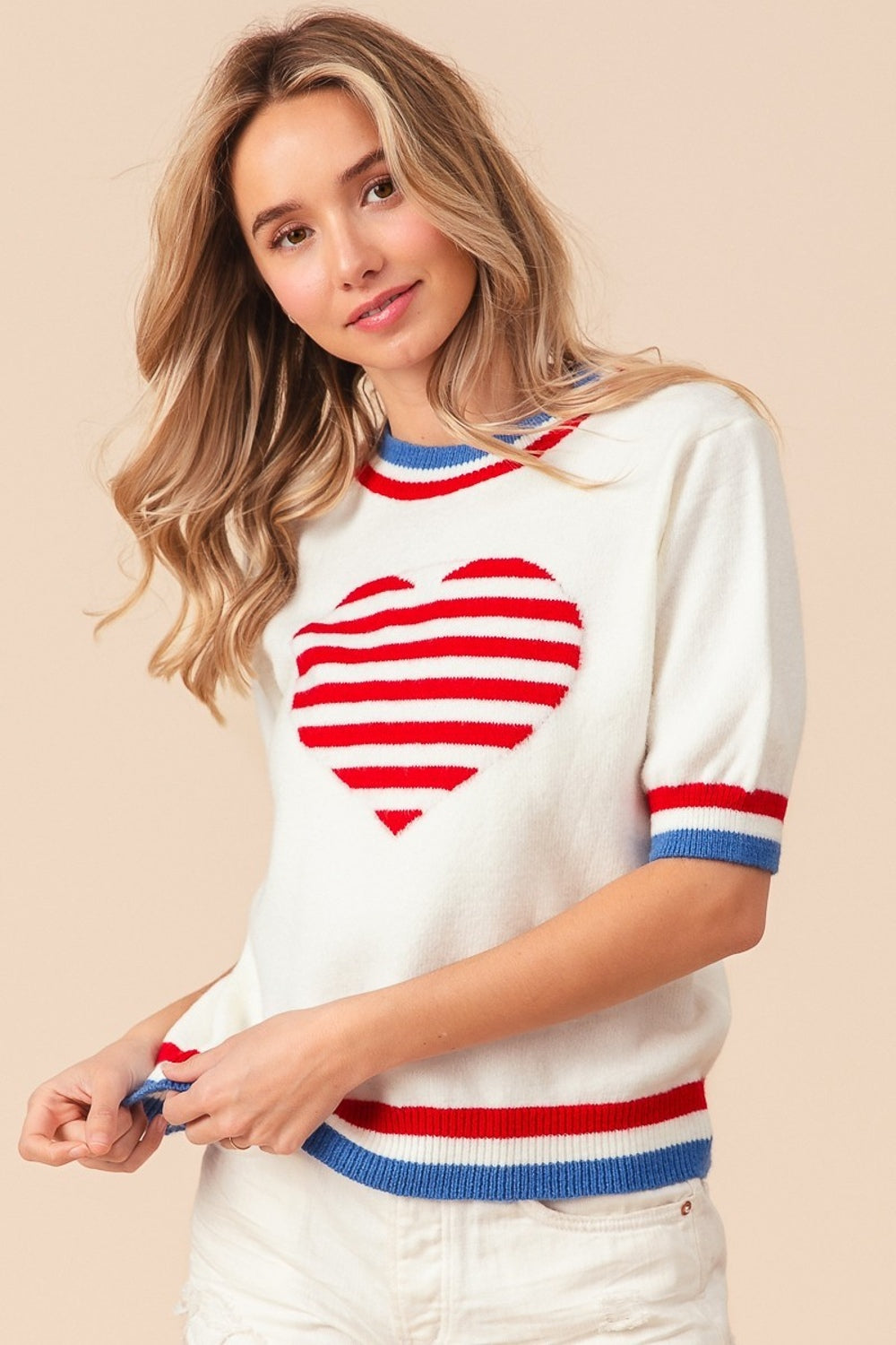 BiBi US Flag Theme Striped Heart Sweater Sweater Trendsi   