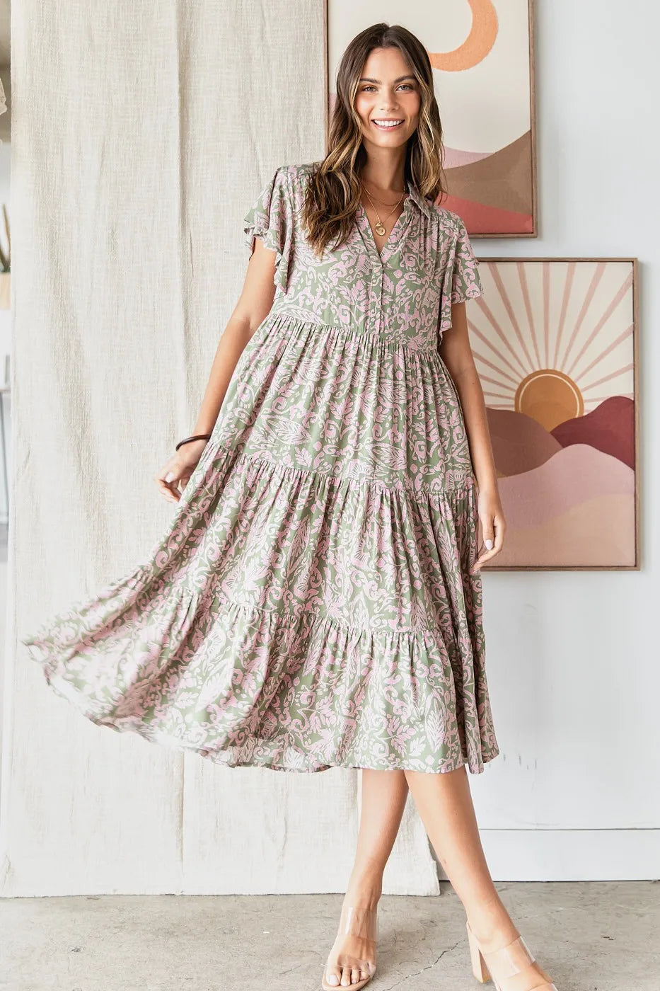 Mittoshop Abstract Print Ruffle Tier Midi Dress - NeoKira Unlimited