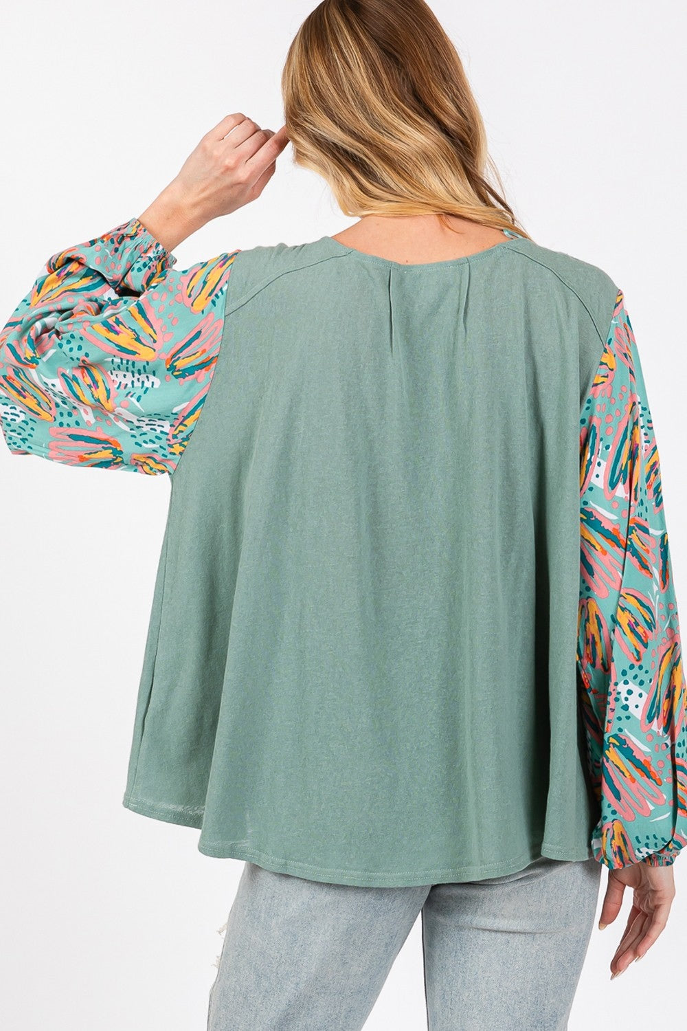 SAGE + FIG Ruched Round Neck Printed Bubble Sleeve Top - NeoKira Unlimited