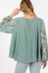 SAGE + FIG Ruched Round Neck Printed Bubble Sleeve Top Top Trendsi   