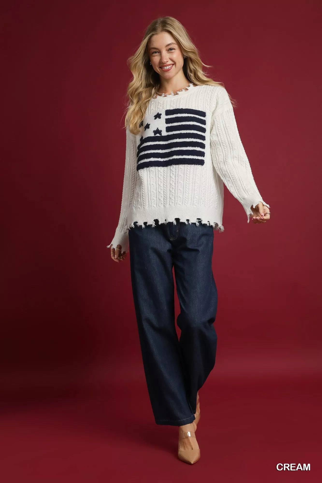Umgee Distressed American Flag Sweater Cozy Americana Chic - NeoKira Unlimited