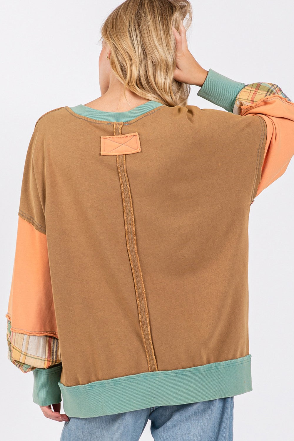 SAGE + FIG Mineral Wash Raw Edge Color Block Sweatshirt T-Shirt Trendsi   