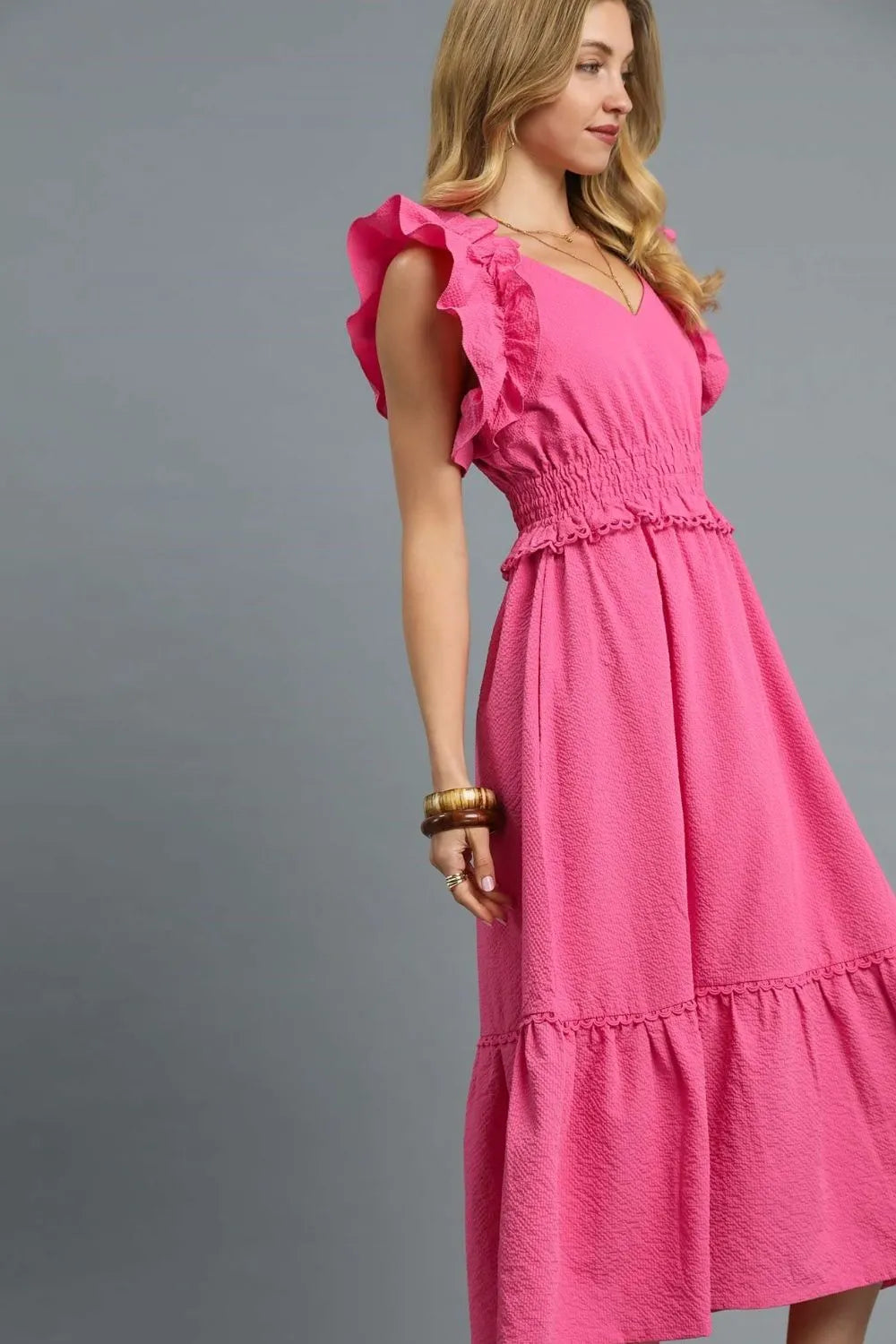Umgee Boho Chic Pink Ruffle Smocked Midi Dress With Tiered Hem - NeoKira Unlimited