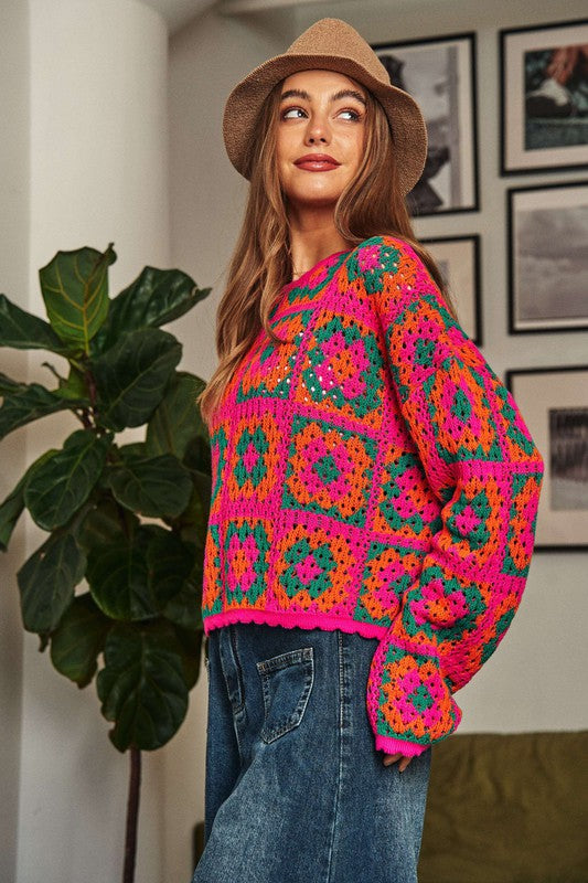 Crochet Patchwork Round Neck Pullover Sweater Top  Davi & Dani   