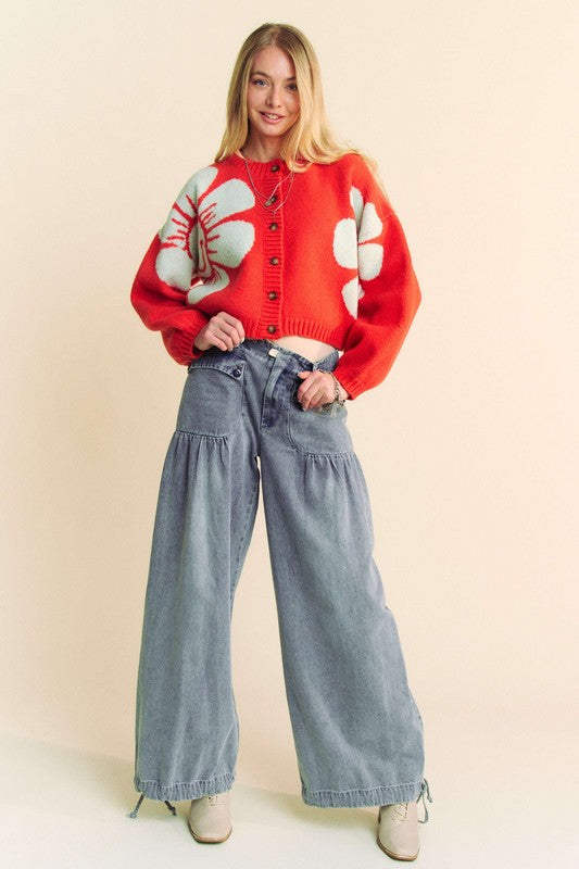 Davi & Dani Flower Contrast Round Neck Long Sleeve Cardigan - NeoKira Unlimited