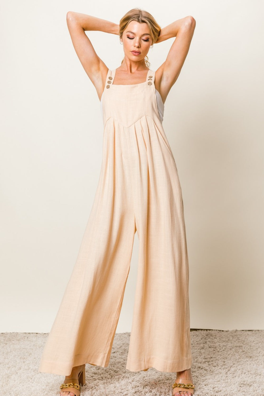 BiBi Texture Sleeveless Wide Leg Jumpsuit Jumpsuits Trendsi   