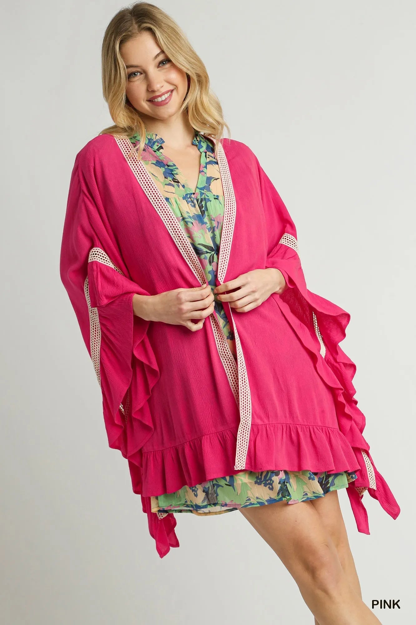 Umgee Ruffle Trim Kimono with Crochet Accent Bright Pink Boho Style - NeoKira Unlimited