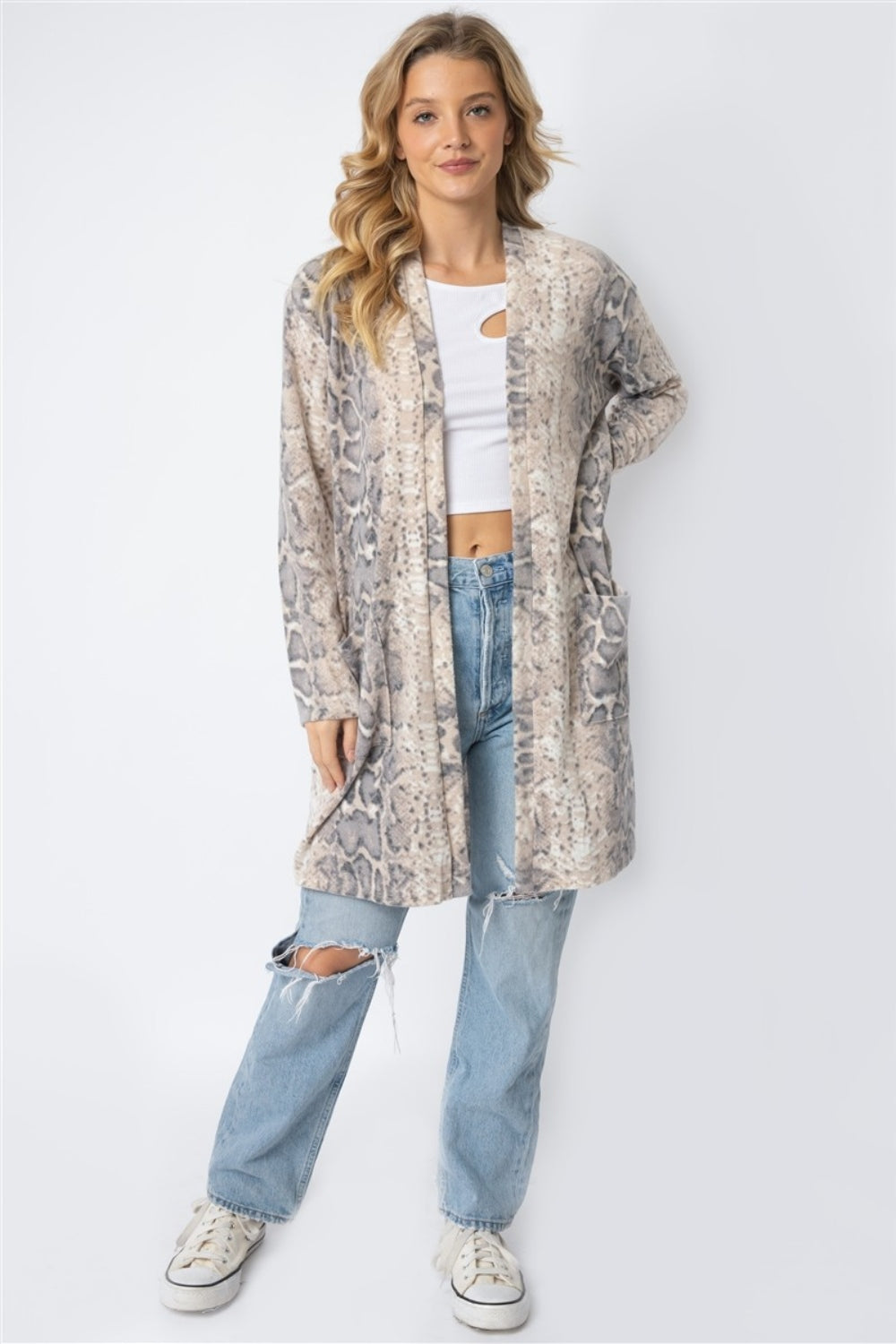 Cherish Apparel Animal Print Flannel Open Front Longline Cardigan Cardigan Trendsi   