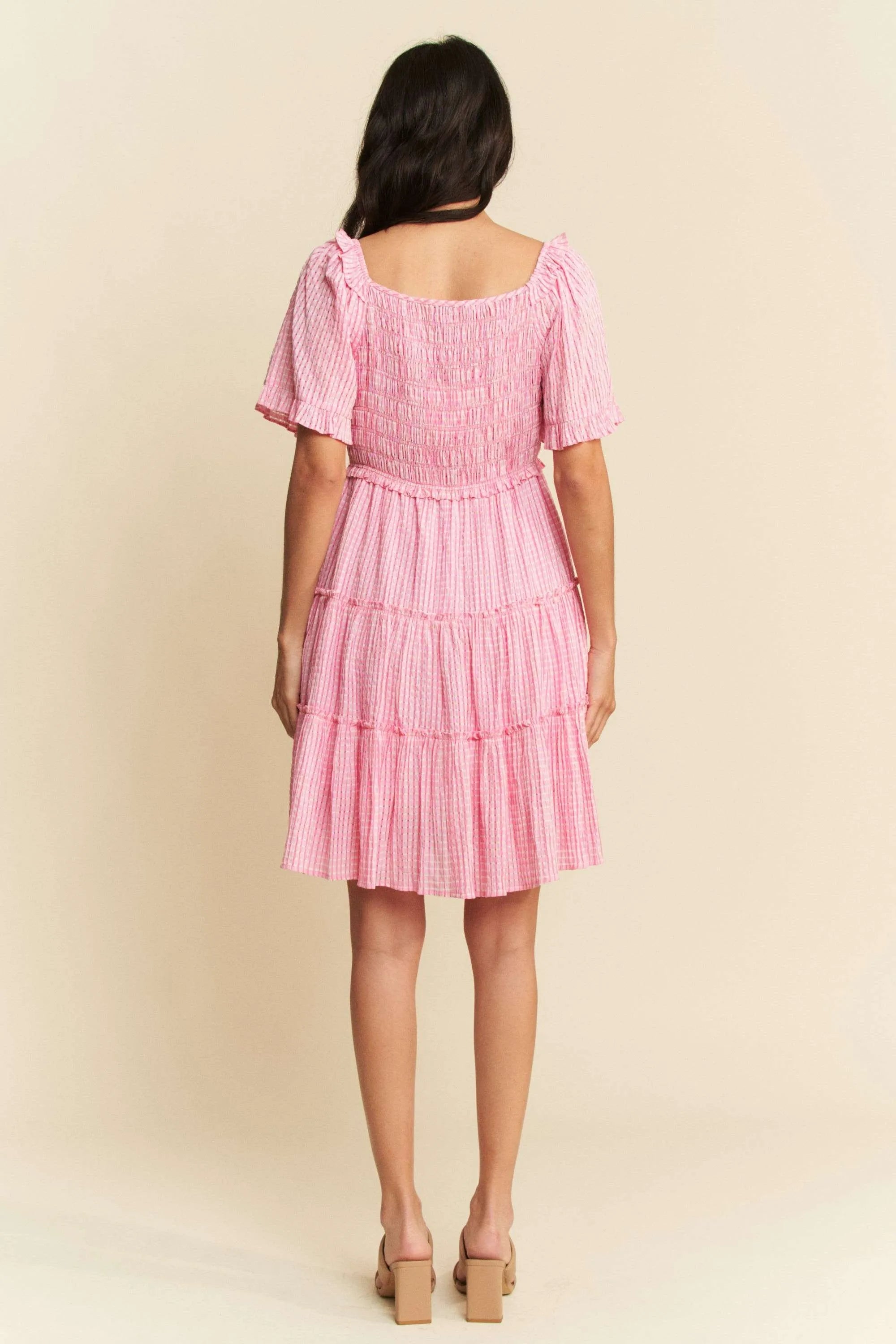 Davi & Dani Romantic Cottagecore Checker Jacquard Smocked Tiered Midi Dress - NeoKira Unlimited