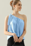 Ninexis One Shoulder Bow Tie Strap Satin Silk Top Top Trendsi Blue S 