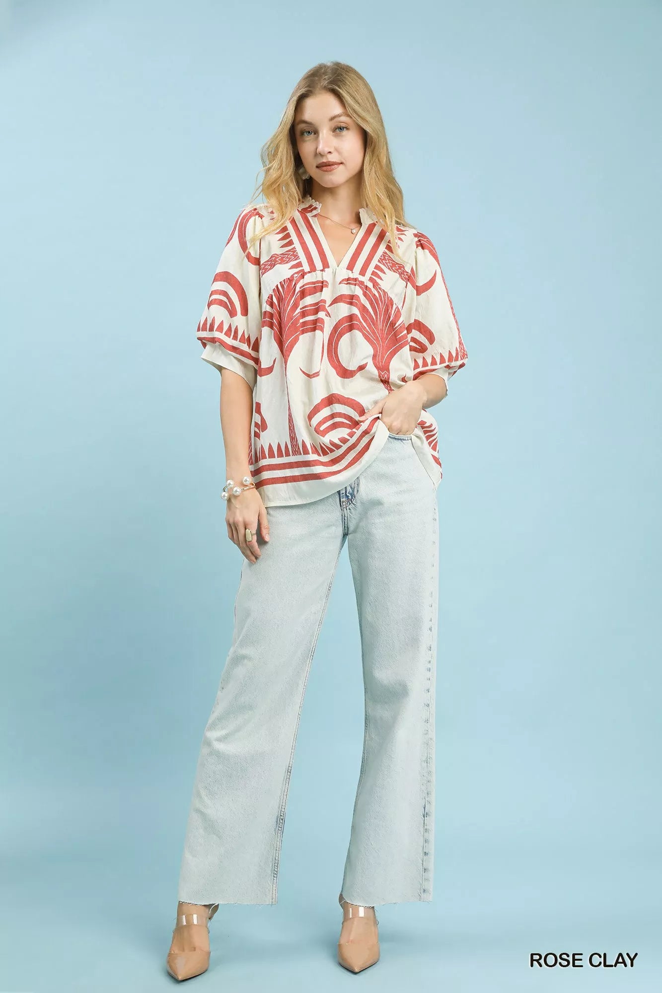 Umgee Folk Art Palm Print Puff Sleeve Blouse Boho Chic - NeoKira Unlimited